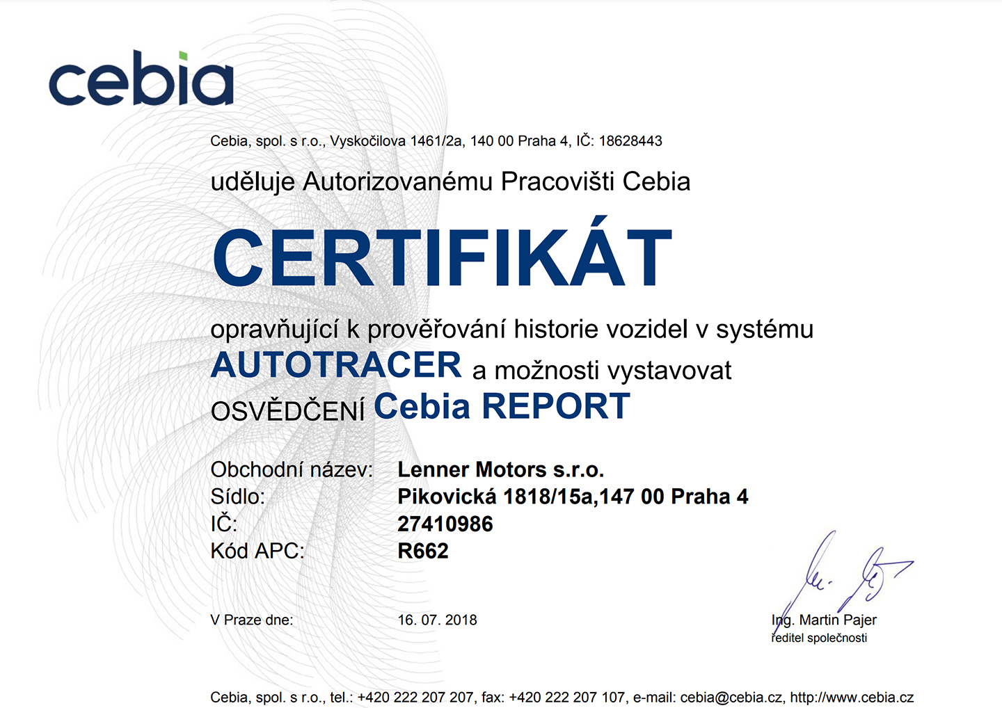 Certifikace CEBIA - Lenner Motors